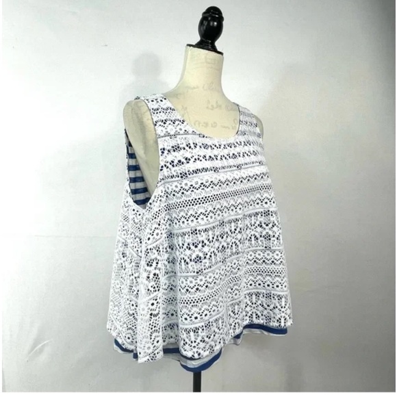 Anthropologie Postmark Blue and White Striped Top Crochet Overlay NWT Swing Tank - Picture 3 of 9